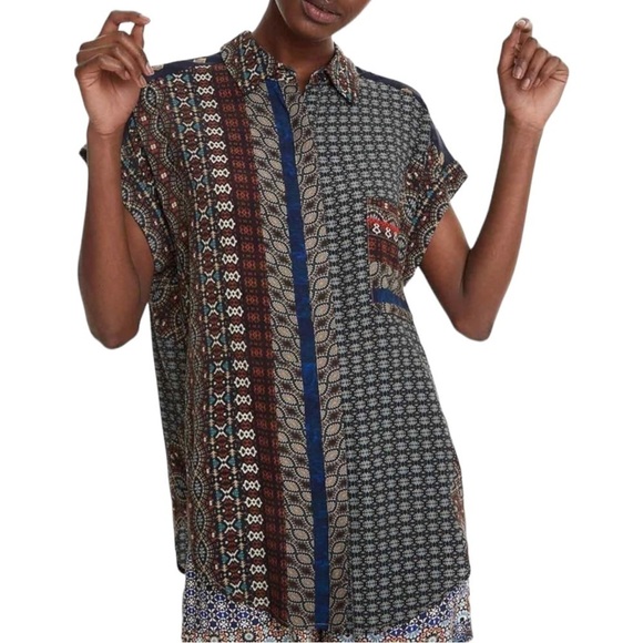 Desigual Azhar Mixed Pattern Short Sleeve Blouse Sz Sm - Picture 4 of 13